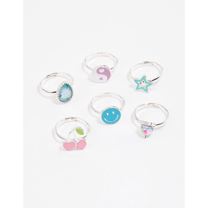 Kids Silver Smiley Star Ring 6-Pack
