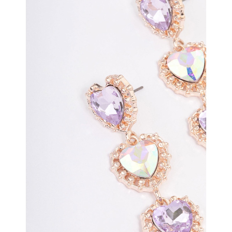 Rose Gold Four Diamante Heart Drop Earrings