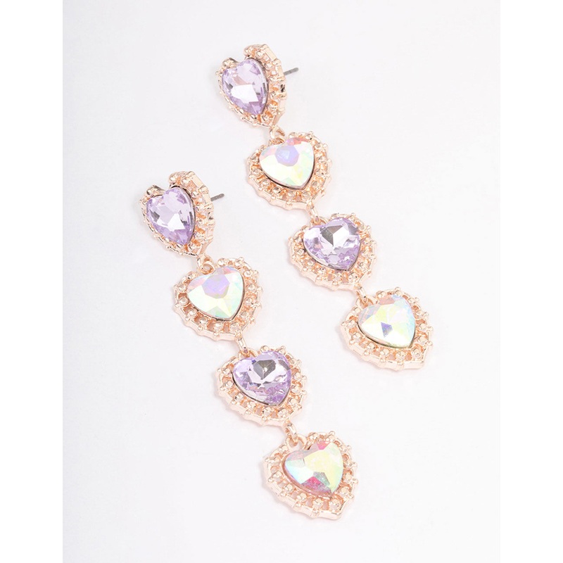 Rose Gold Four Diamante Heart Drop Earrings