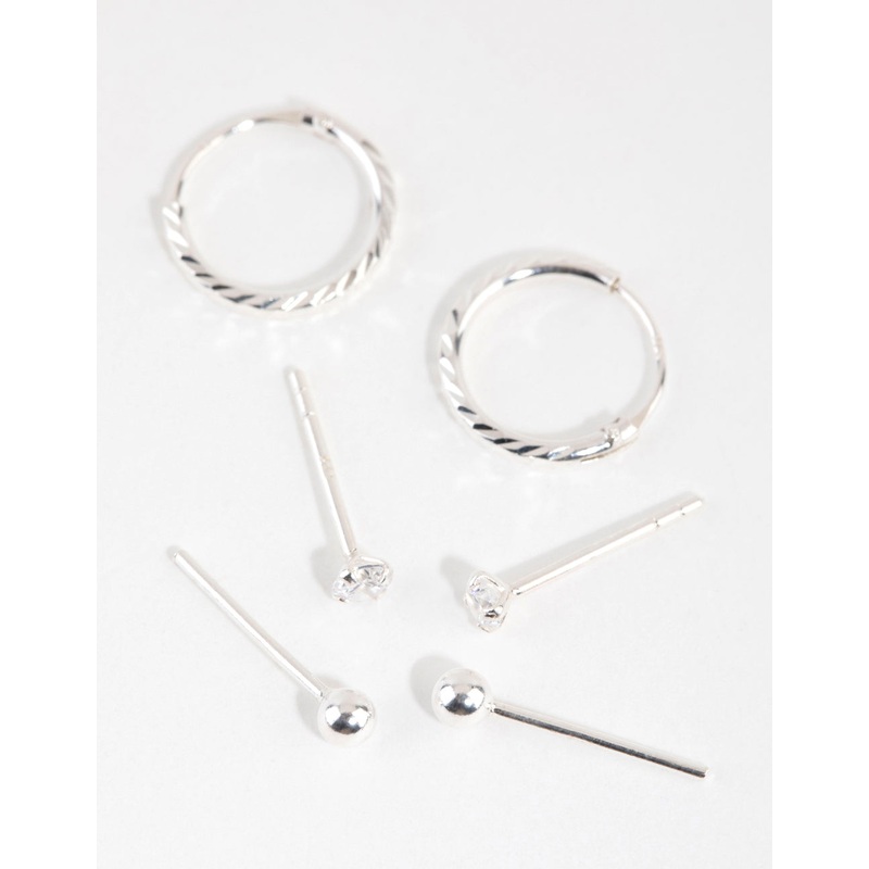 Sterling Silver Ball Diamante Stud & Hoop Earring Pack
