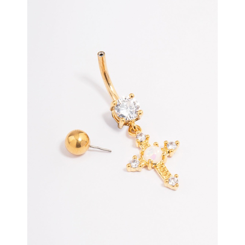 Gold Plated Surgical Steel Cubic Zirconia Opal Cross Belly Ring
