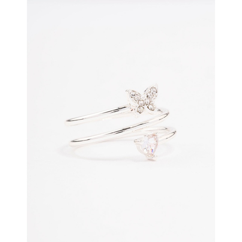 Silver Plated Heart Butterfly Wrapped Ring