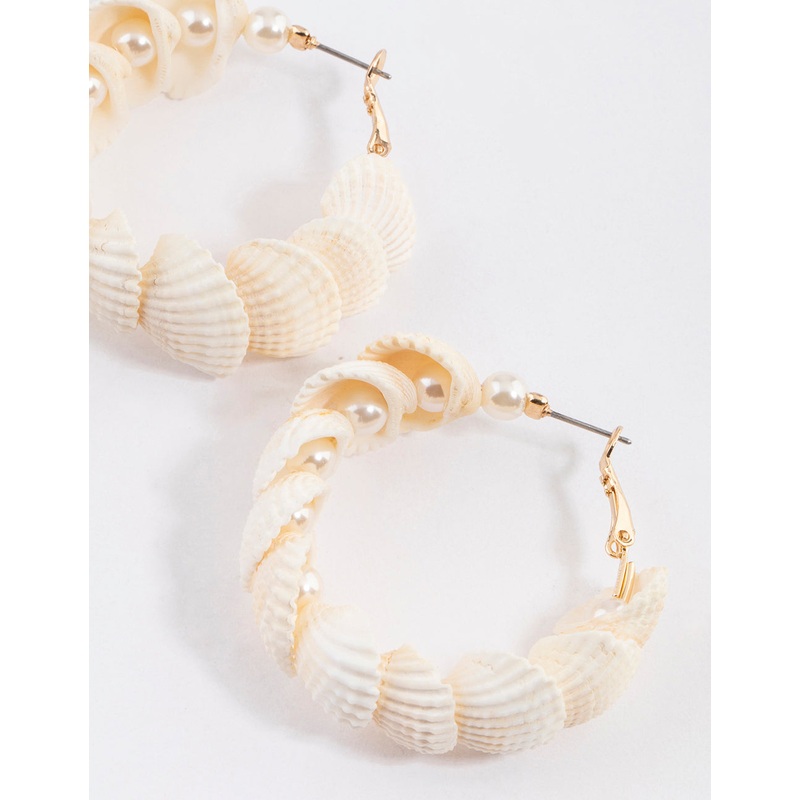 Gold Genuine Shell Nestled Pearl Hoop Earrings