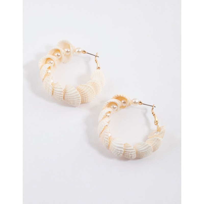 Gold Genuine Shell Nestled Pearl Hoop Earrings
