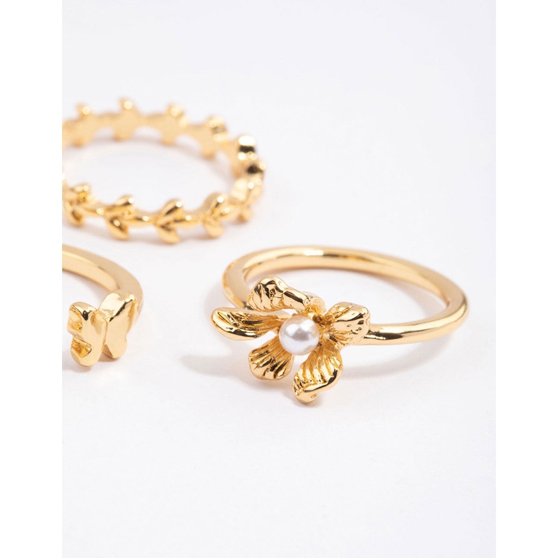 Gold Plated Butterfly & Flower Ring Pack