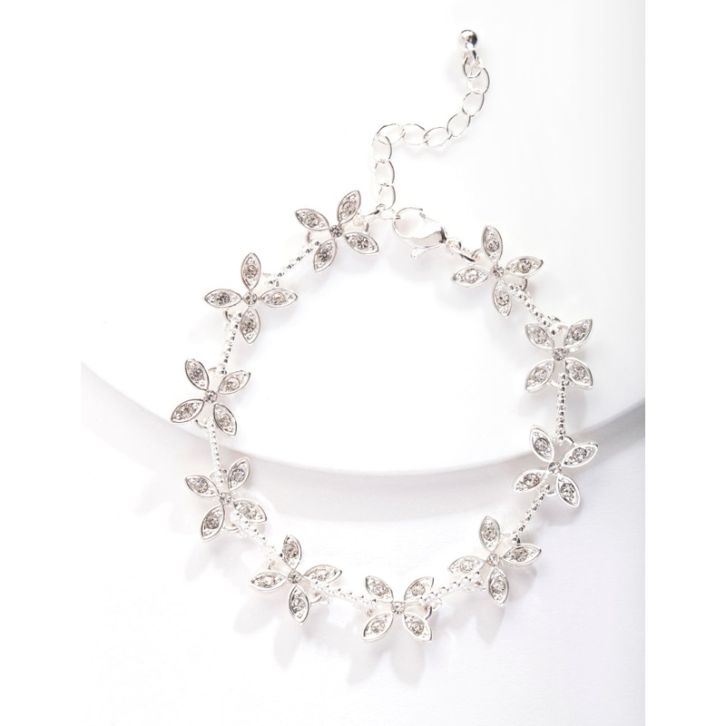 Silver Crystal Silk Flower Bracelet