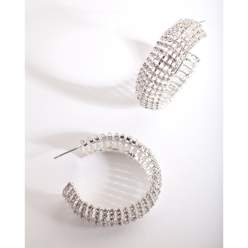 Silver Thick Diamante Hoop Earrings