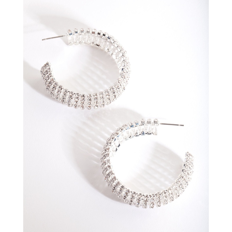 Silver Thick Diamante Hoop Earrings
