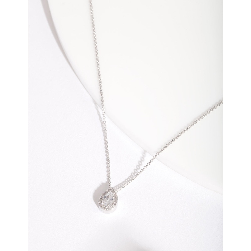 Sterling Silver Cubic Zirconia Pear Halo Necklace