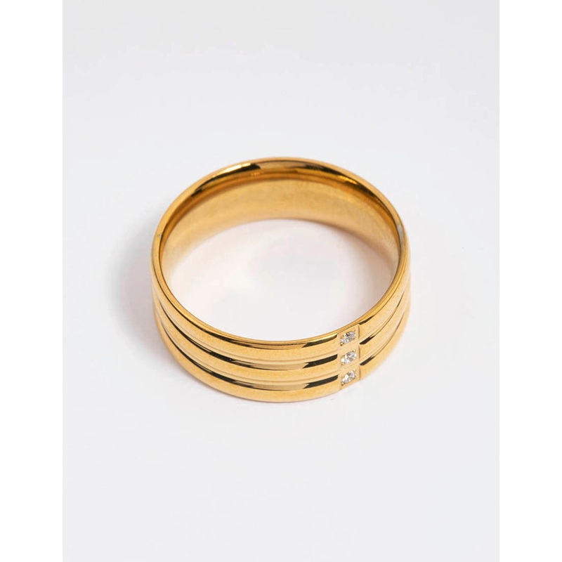 Waterproof Gold Plated Stainless Steel Cubic Zirconia Triple Plain Band Ring