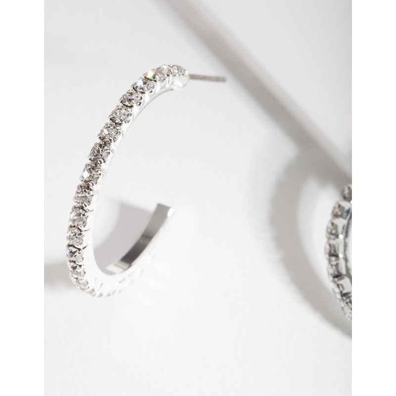 Silver Diamante Stud Hoop Earrings