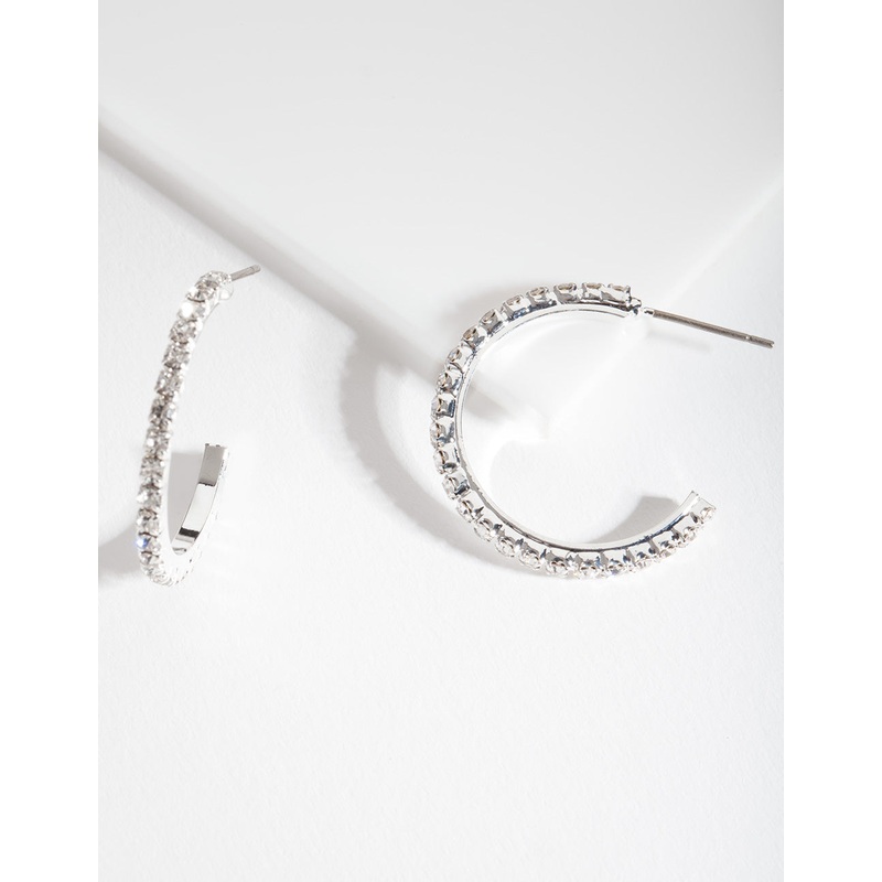 Silver Diamante Stud Hoop Earrings