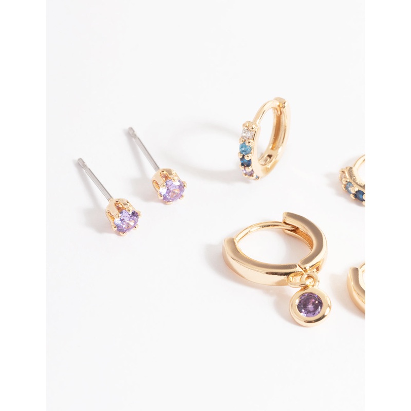 Gold Lilac Stud & Huggie Earrings Pack