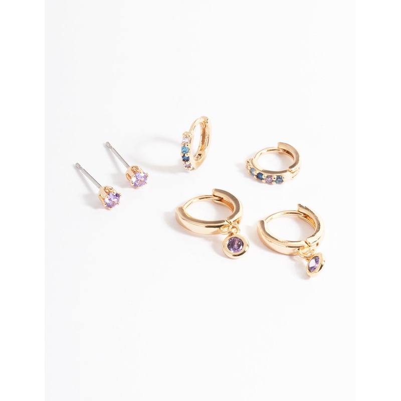 Gold Lilac Stud & Huggie Earrings Pack