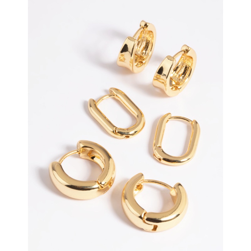 Gold Plated Brass Simple Huggie Hoop Earring Stack 6-Pack