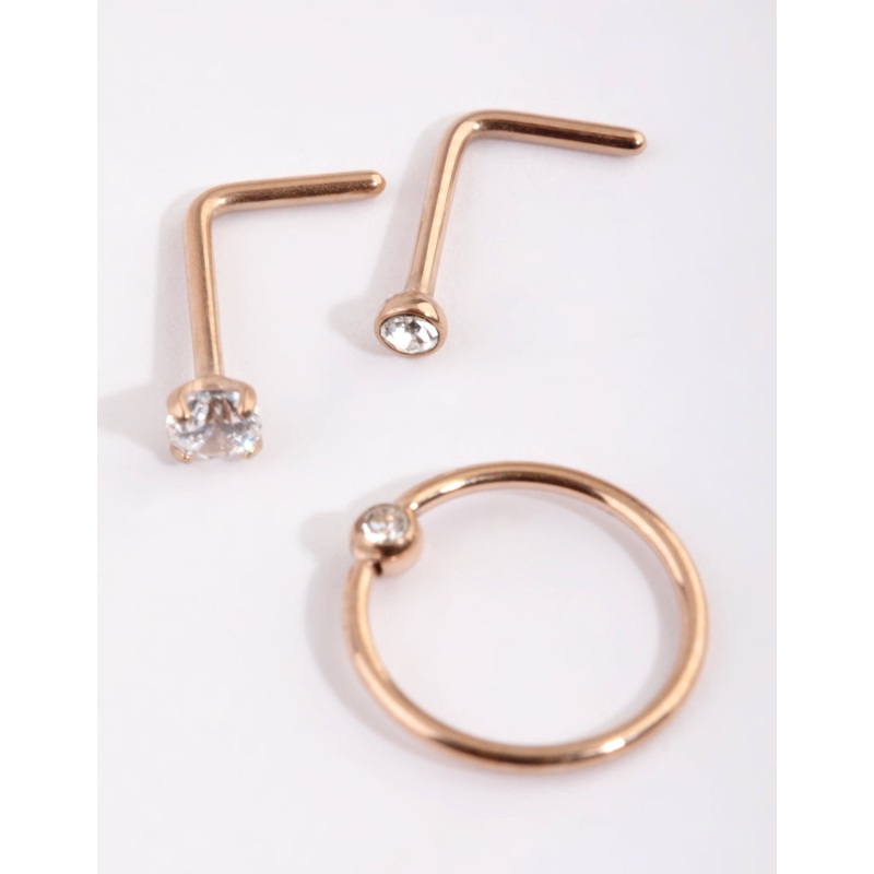 Rose Gold Plated Titanium Diamante Nose Stud Pack