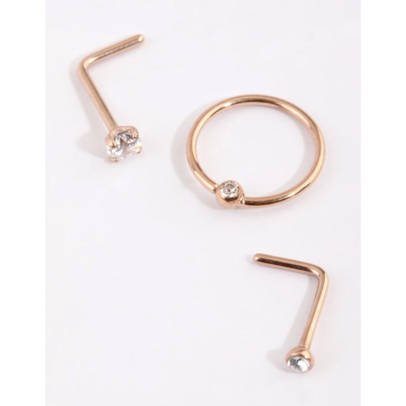 Rose Gold Plated Titanium Diamante Nose Stud Pack