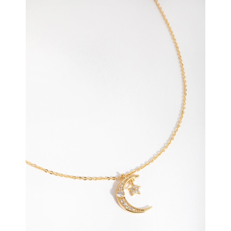 18ct Gold Plated Cubic Zirconia Moon & Star Necklace