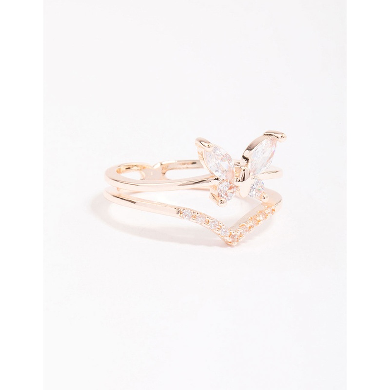 Rose Gold Plated Cubic Zirconia Butterfly Double Band Ring