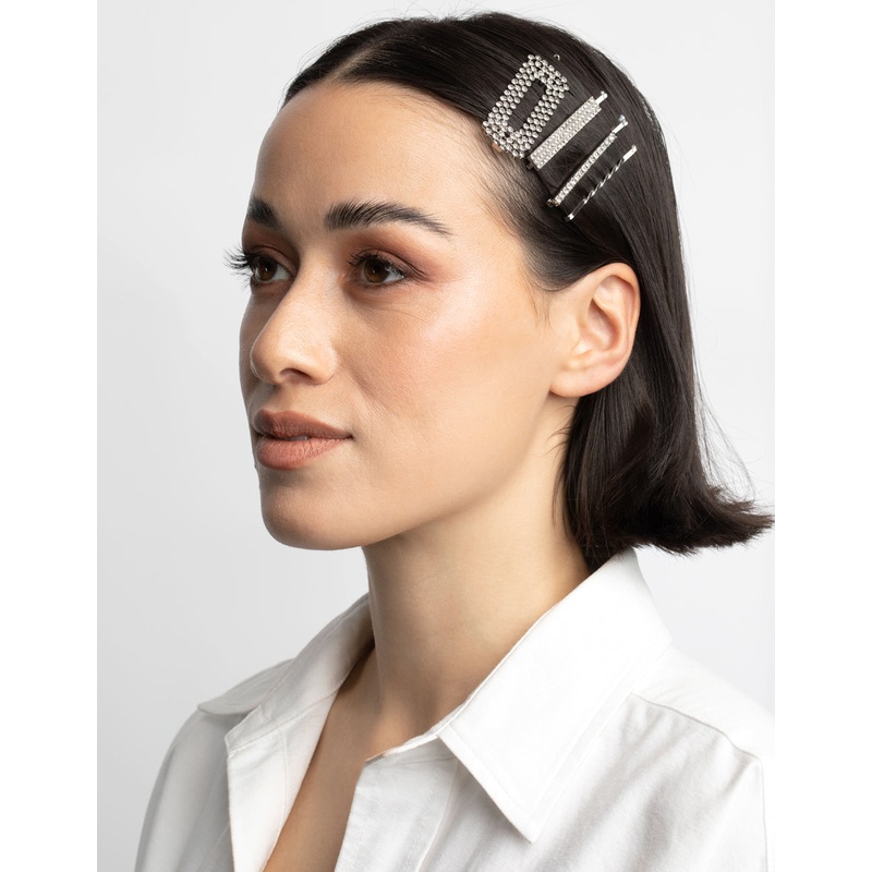 Silver Diamante Mixed Hair Slide 4-Pack