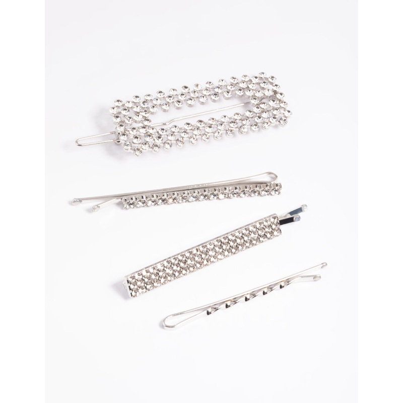 Silver Diamante Mixed Hair Slide 4-Pack