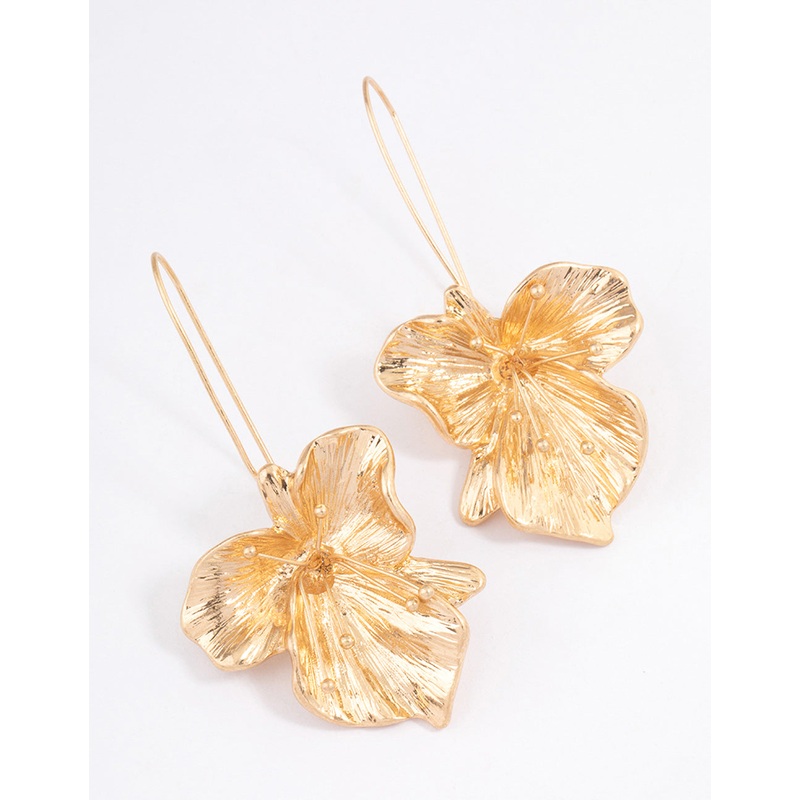 Worn Gold Organic Flower Drop Earrings