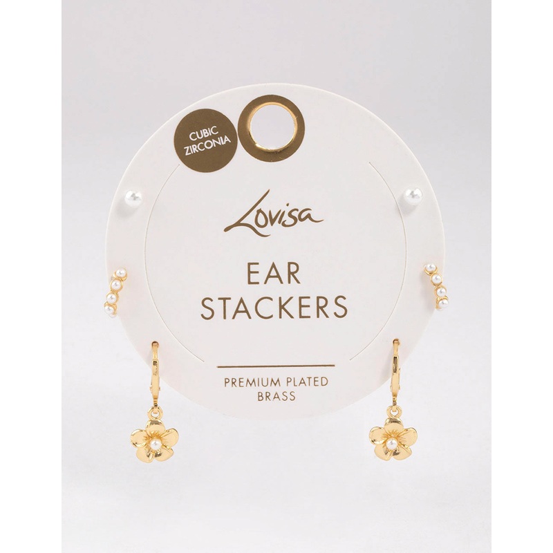 Gold Plated Brass Pearl Drop Flower Earrings 6-Pack