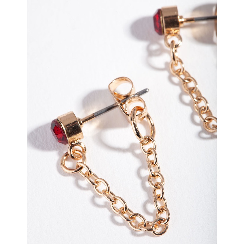 Gold Red Stone Chain Stud Earrings