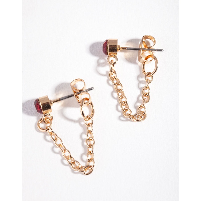 Gold Red Stone Chain Stud Earrings