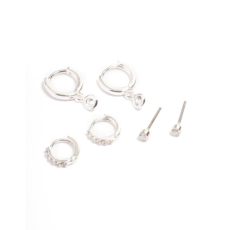 Silver Clear Stud & Huggies Pack