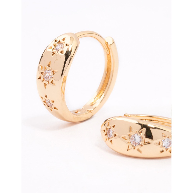 Gold Plated Cubic Zirconia Celestial Huggie Hoop Earrings