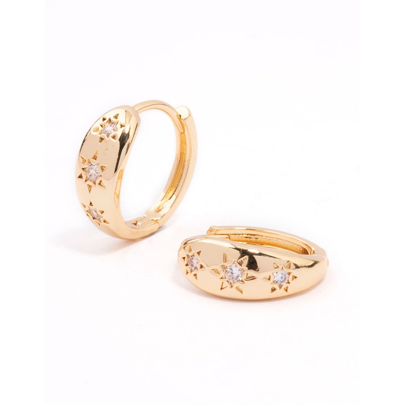 Gold Plated Cubic Zirconia Celestial Huggie Hoop Earrings