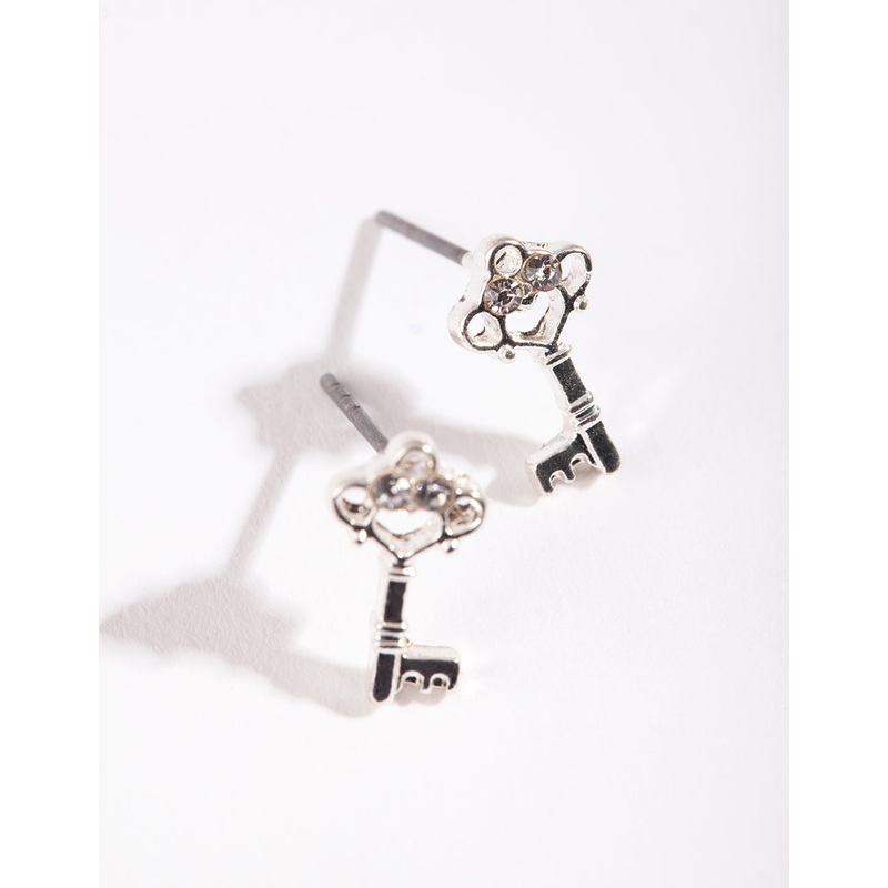 Silver Diamante Mini Key Stud Earrings
