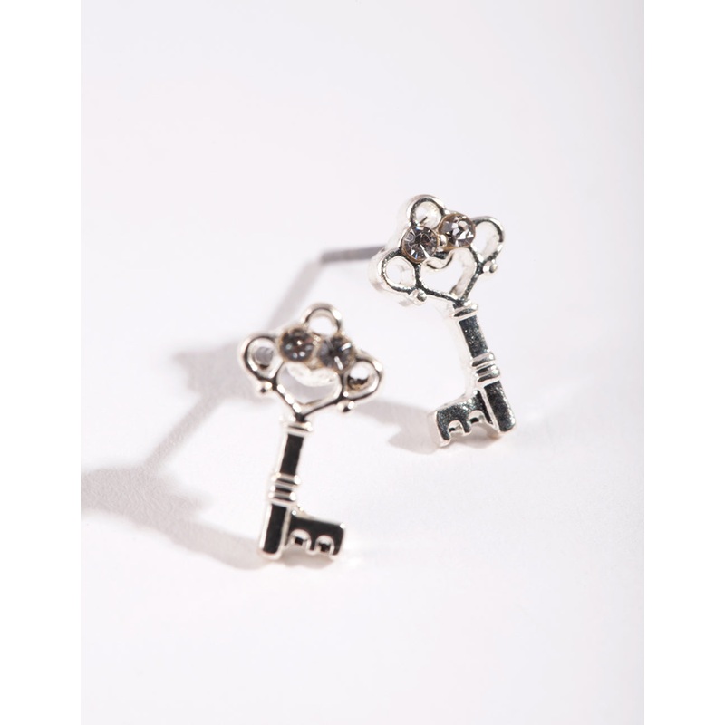 Silver Diamante Mini Key Stud Earrings