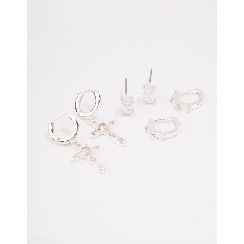 Silver Plated Cubic Zirconia Baguette Cross Earrings 3-Pack
