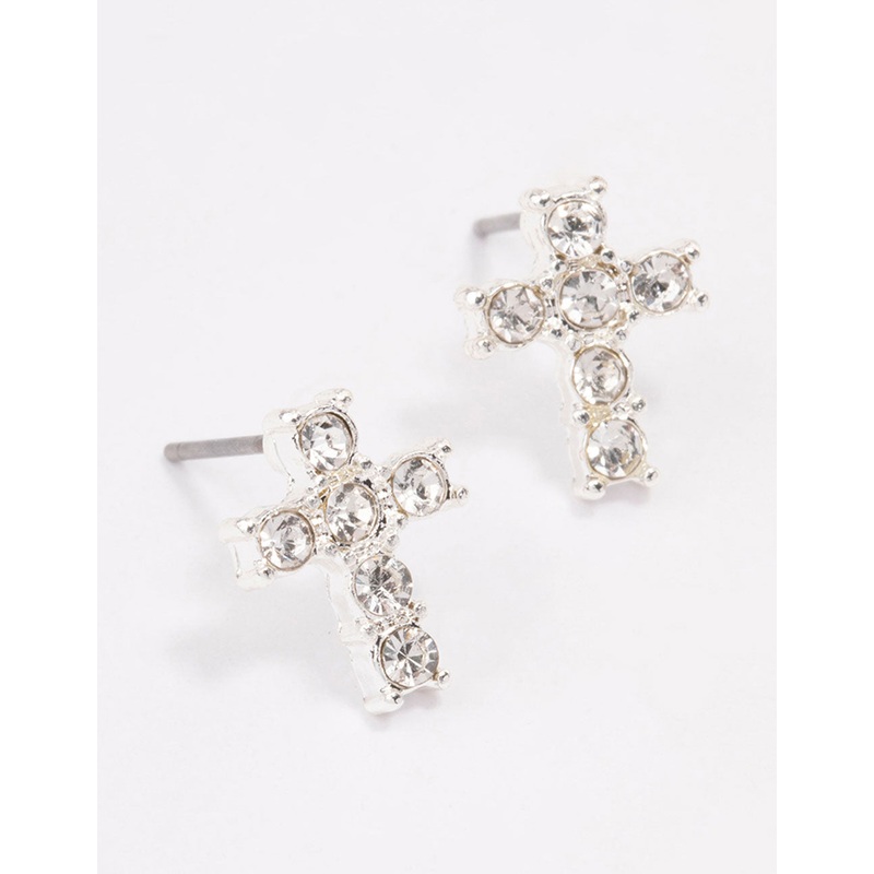 Silver Plated Diamante Cross Stud Earrings