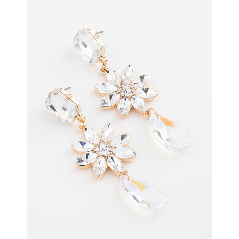 Gold Flower Pear Drop Earrings