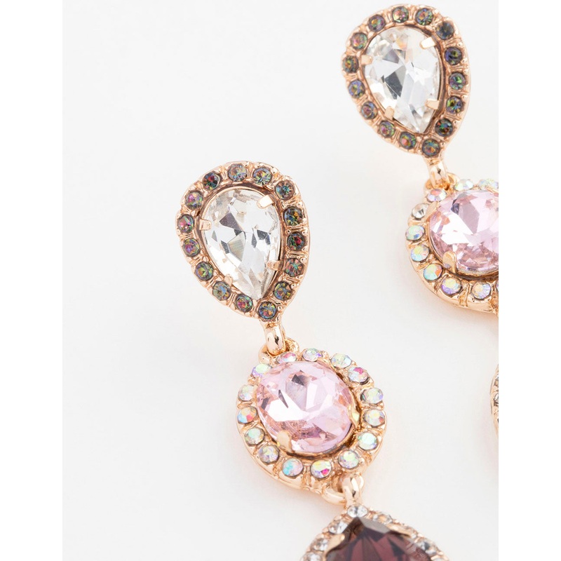 Gold Halo Triple Stone Drop Earrings