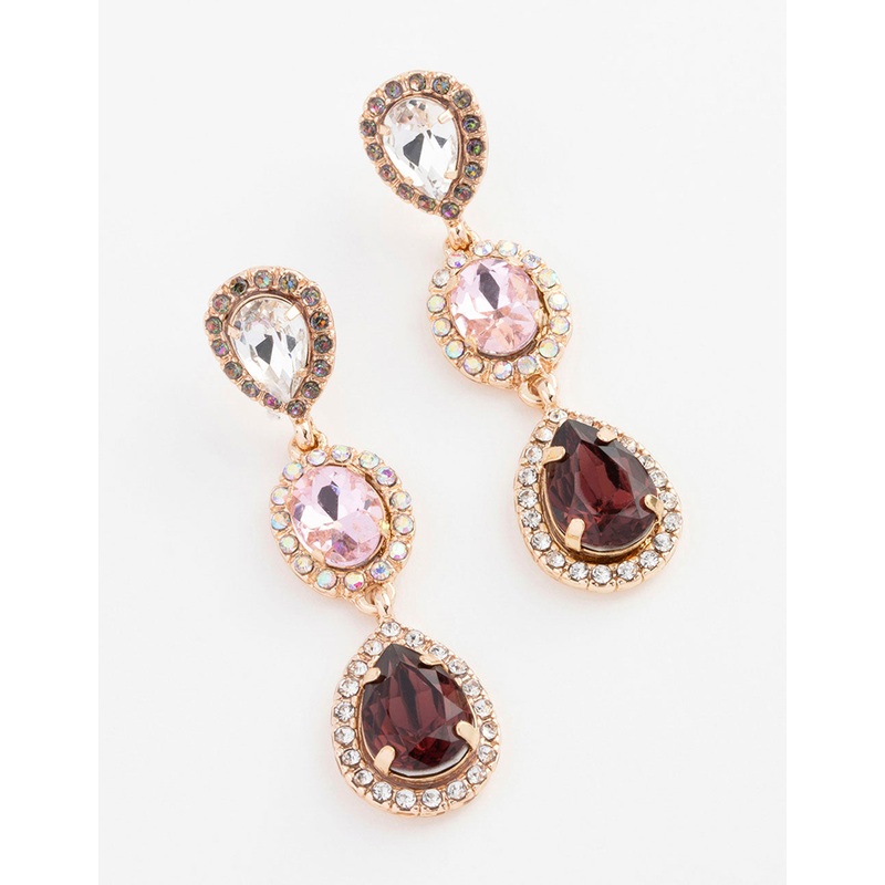 Gold Halo Triple Stone Drop Earrings