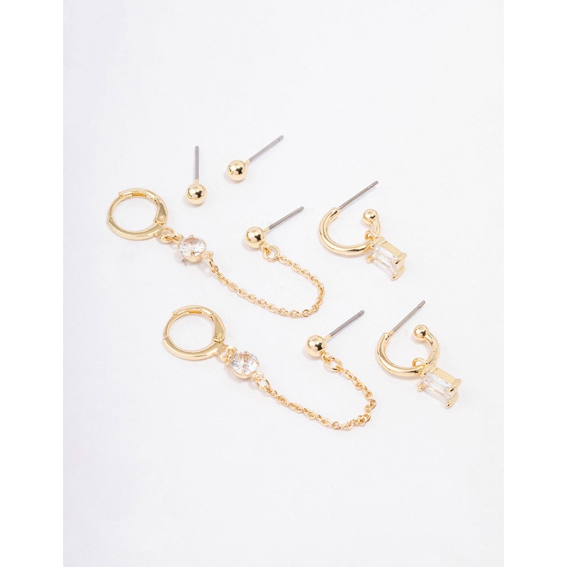 Gold Plated Brass Baguette Hoop Chain Earring 4-Pack