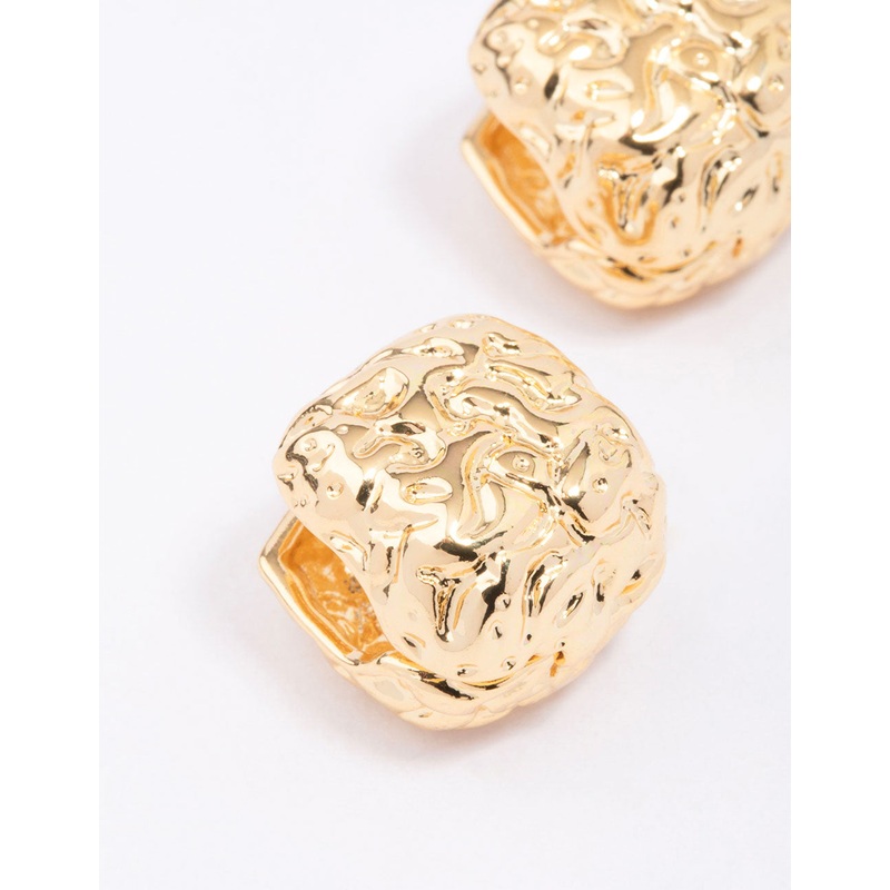 Gold Plated Brass Molten Square Huggie Earrings