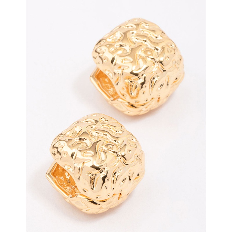 Gold Plated Brass Molten Square Huggie Earrings