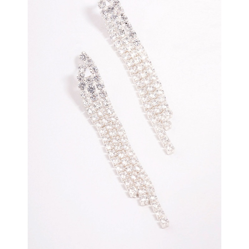 Silver Plated Brass  Triangular Cubic Zirconia Cup Chain Drop Earrings