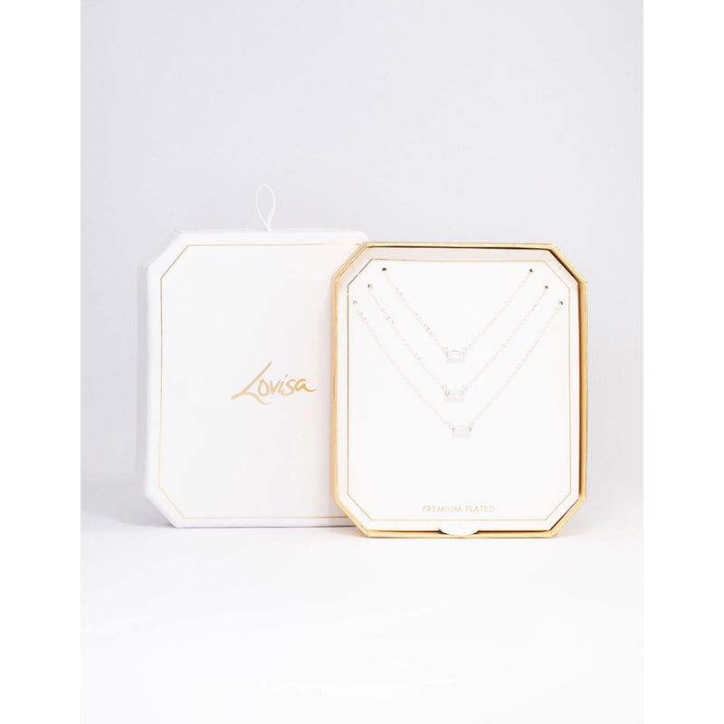 Silver Plated Cubic Zirconia Baguette Layered Necklace