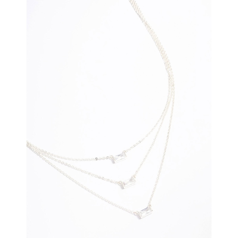 Silver Plated Cubic Zirconia Baguette Layered Necklace