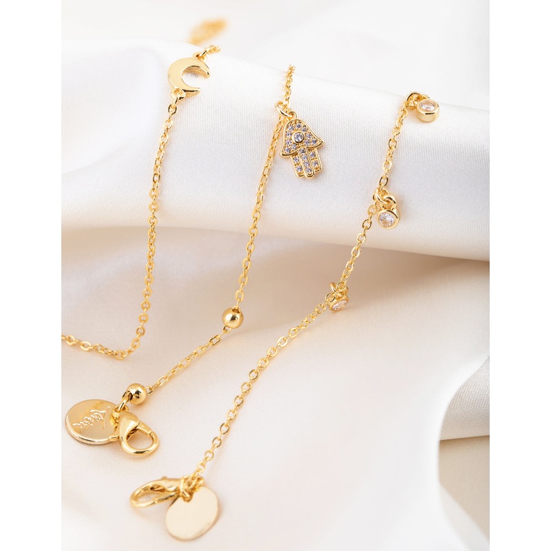 18ct Gold Plated Cubic Zirconia Hamsa & Moon Bracelet Set