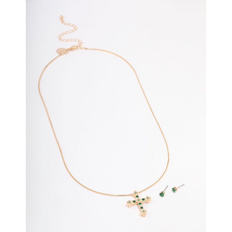 Gold Cubic Zirconia Cross Pendant Jewellery Set