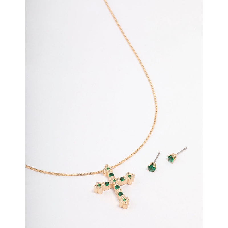 Gold Cubic Zirconia Cross Pendant Jewellery Set