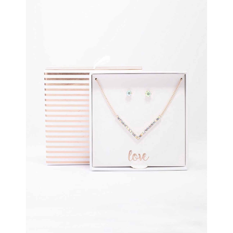 Rose Gold Cubic Zirconia V-Shaped Necklace & Stud Earring Set