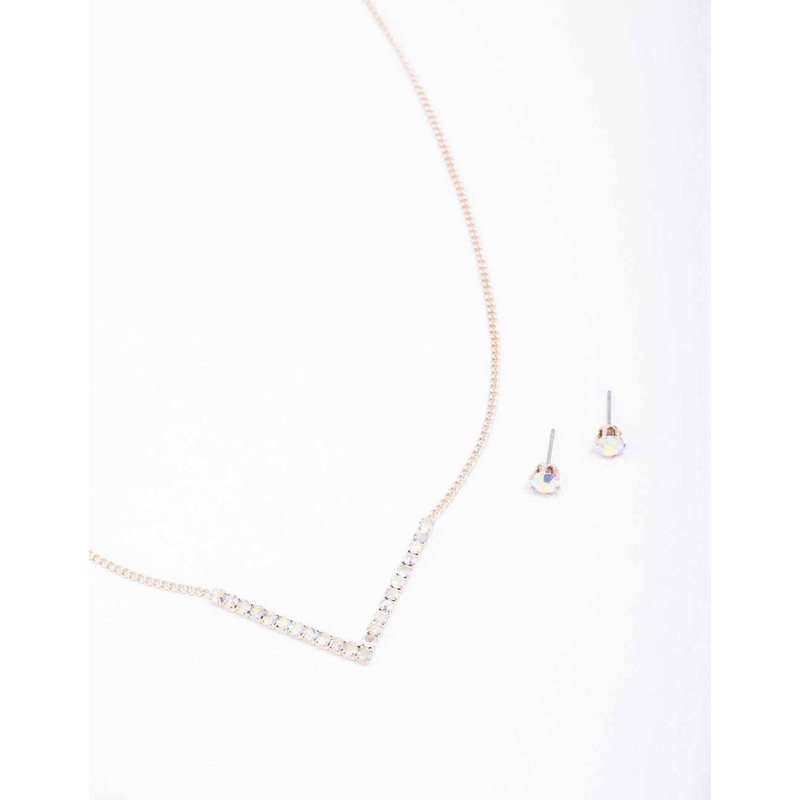 Rose Gold Cubic Zirconia V-Shaped Necklace & Stud Earring Set